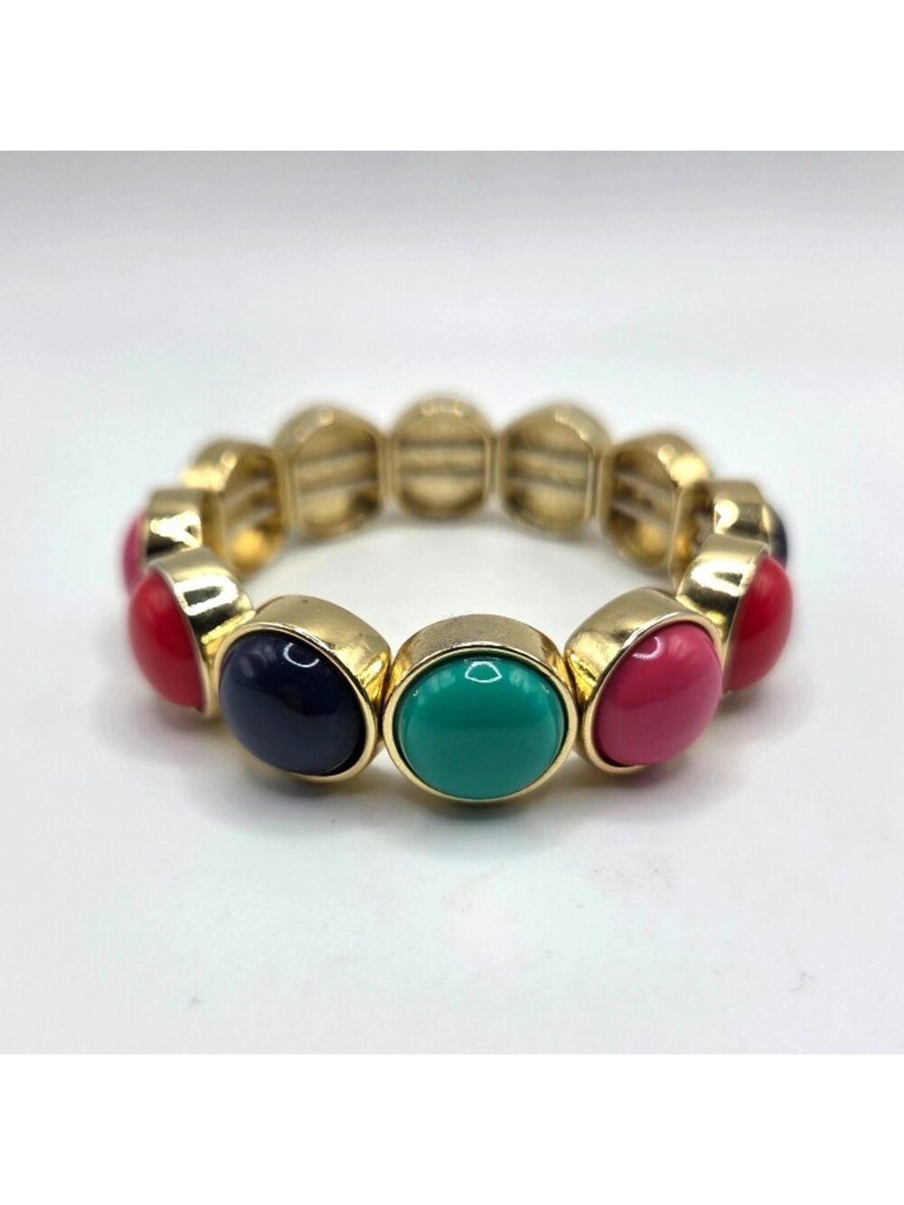 Talbots Bracelet Chunky Colorful Pink Teal Blue Goldtone Beaded Stretch Beachy